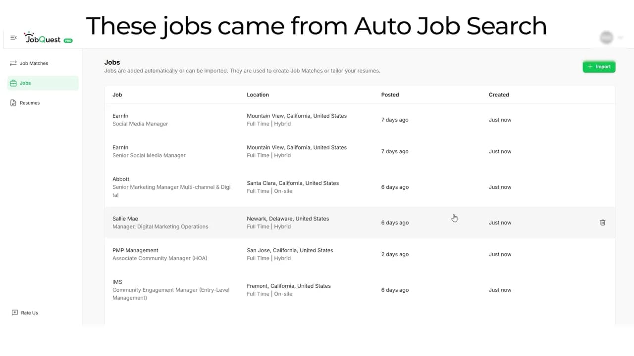 A JobQuest jobs list filled by Auto Job Search under the caption These jobs came from Auto Job Search, six marketing roles with their company, location, how long ago each was posted, and every one added just now.