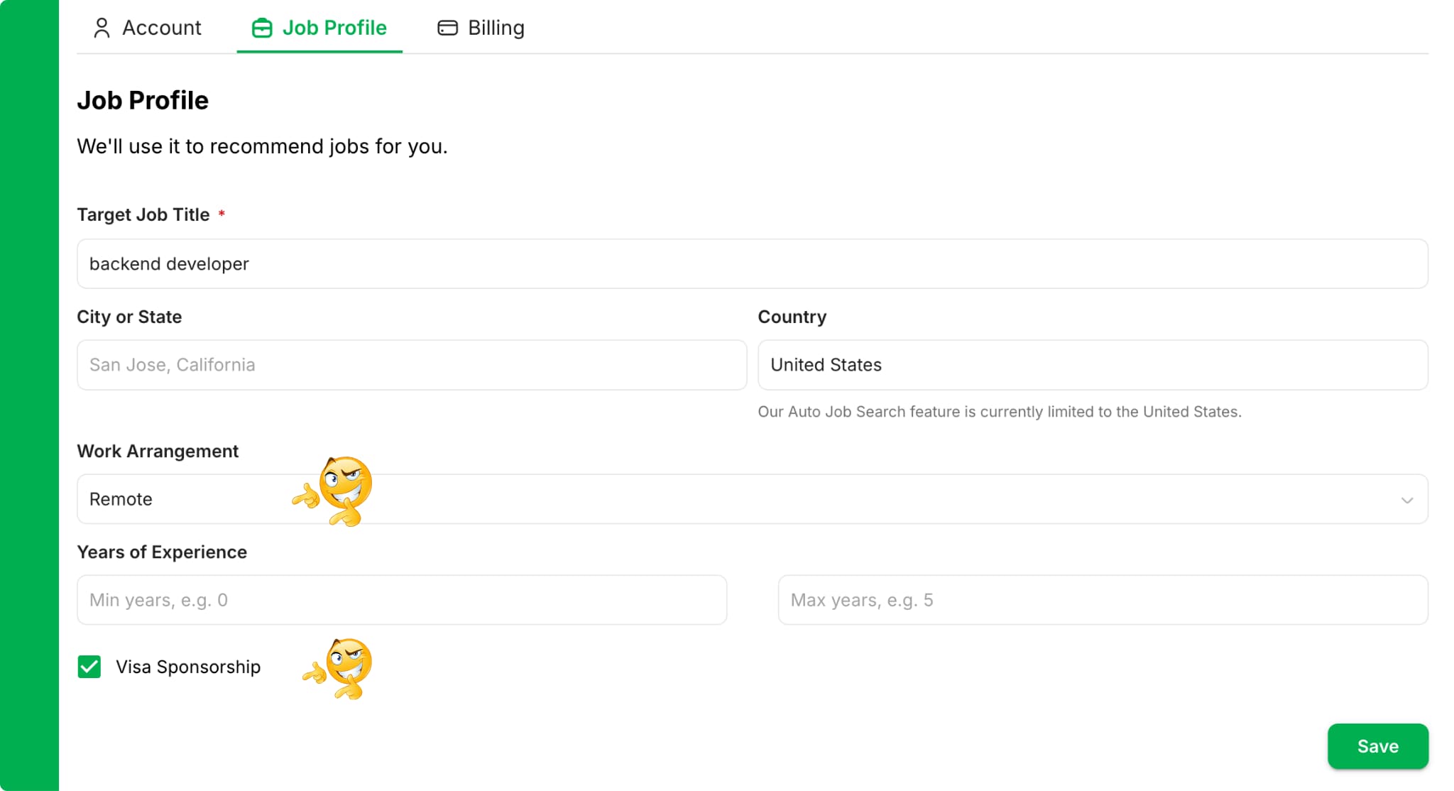 The JobQuest Job Profile settings, with a target job title of backend developer, work arrangement set to Remote, visa sponsorship ticked, and a note that Auto Job Search currently covers the United States.