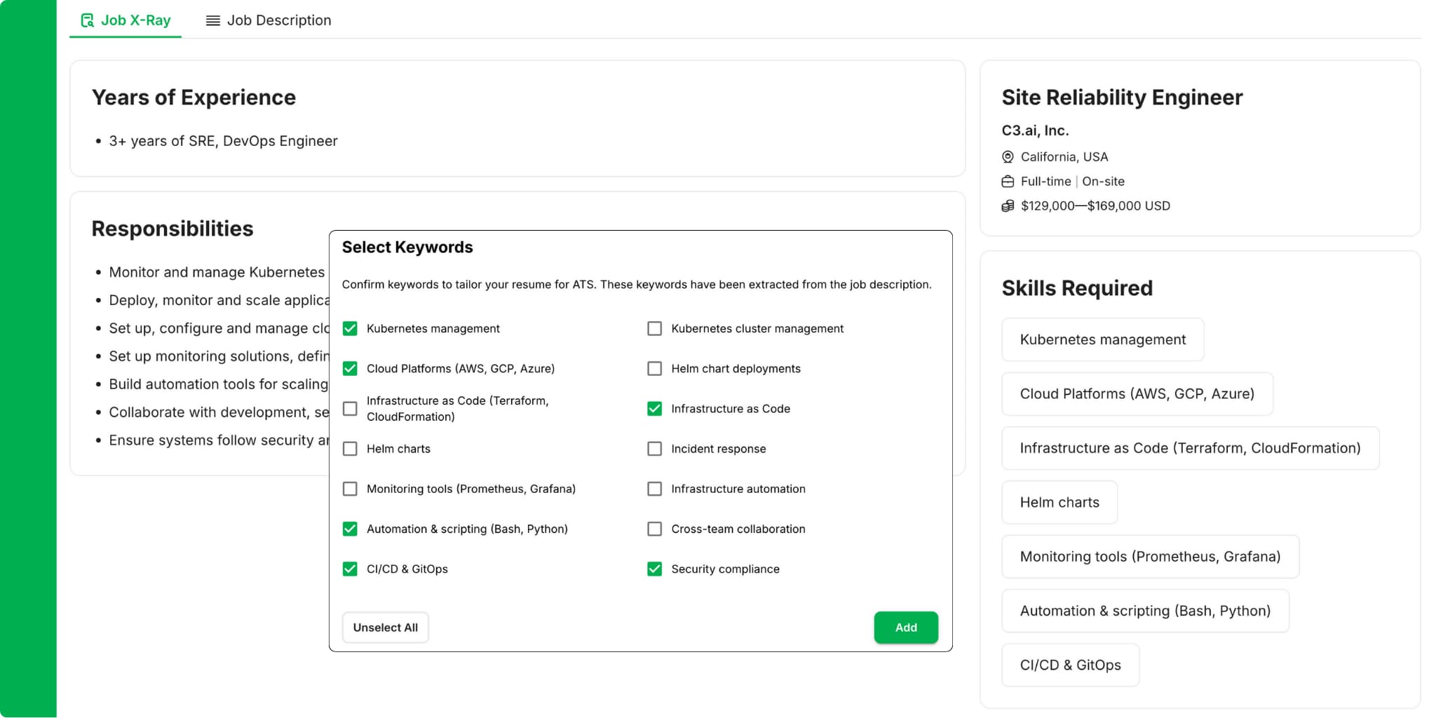 A JobQuest Job X-ray of a Site Reliability Engineer role, listing years of experience, responsibilities and required skills, with a Select Keywords panel offering the ATS keywords pulled from the job description.