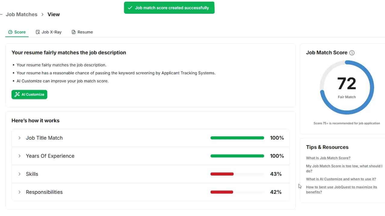A finished JobQuest job match score report scoring 72, a fair match, breaking the result down into job title match, years of experience, skills and responsibilities.