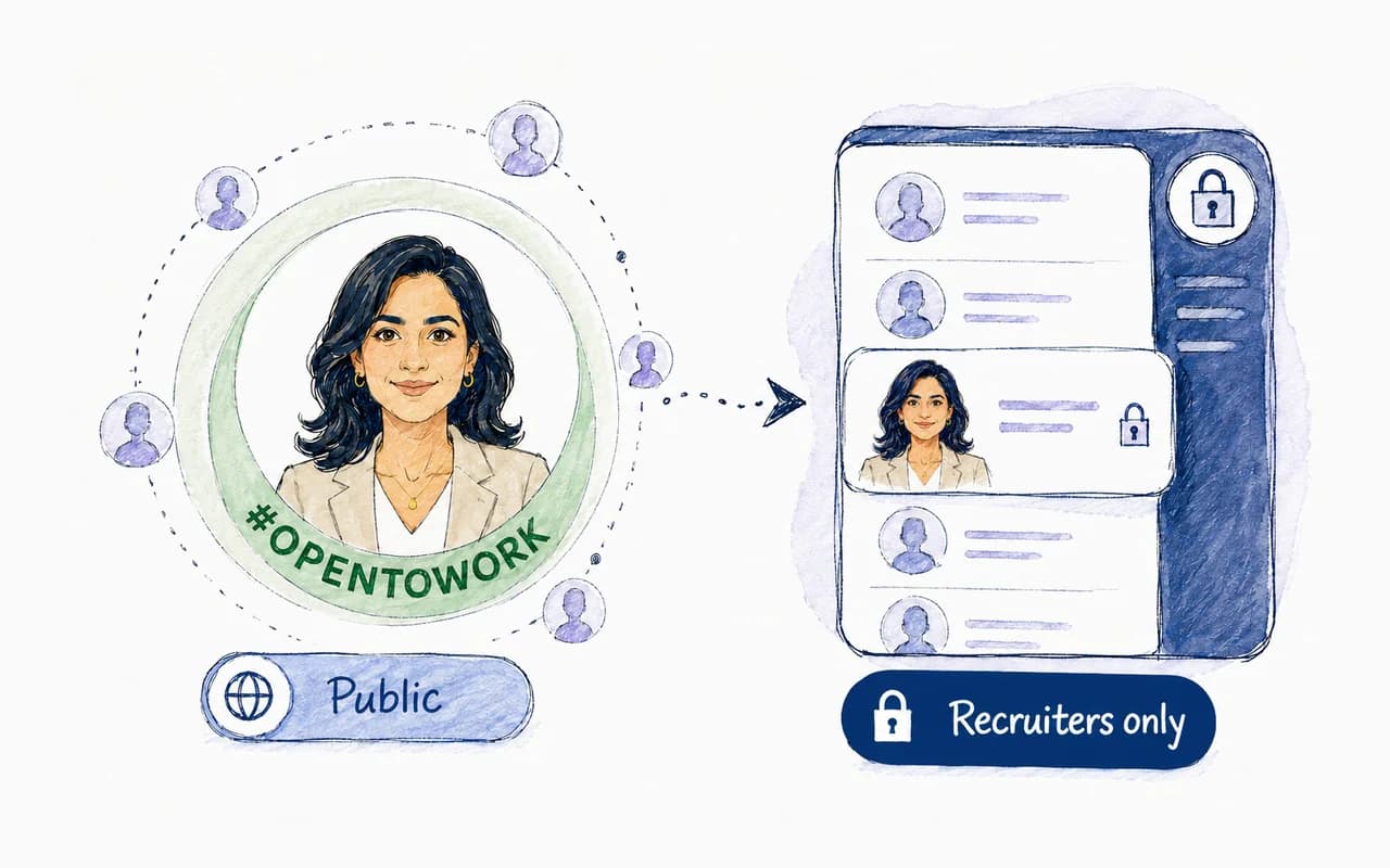 A profile photo ringed by the green #OPENTOWORK frame under a “Public” toggle, beside the same person listed privately among candidate cards behind a padlock under a “Recruiters only” toggle.