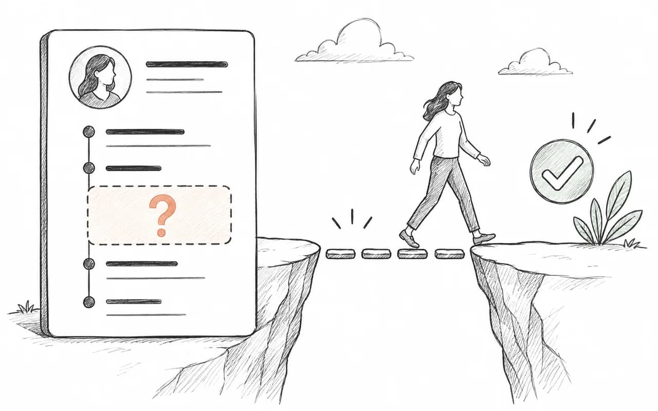 A resume with a question mark in place of one of its jobs, beside a woman crossing the gap between two cliffs on stepping stones towards a green check mark.