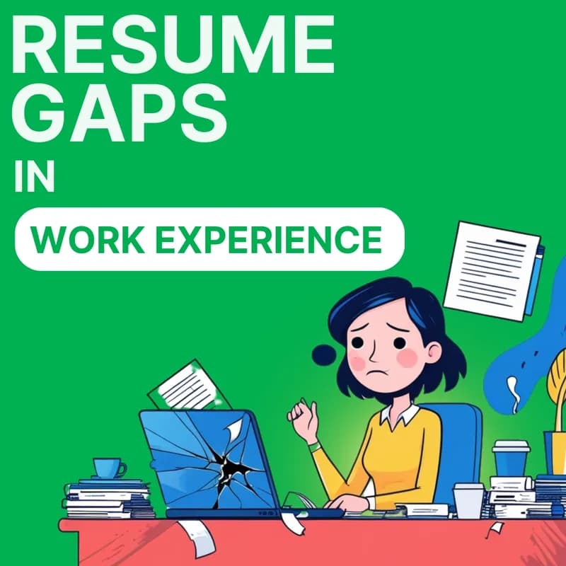 An illustration headed “Resume Gaps in Work Experience” showing a worried person at a desk with a cracked laptop screen.