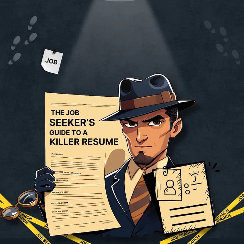 A detective in a trench coat under a spotlight holding up a document headed “The Job Seeker’s Guide to a Killer Resume”, beside crime scene tape.