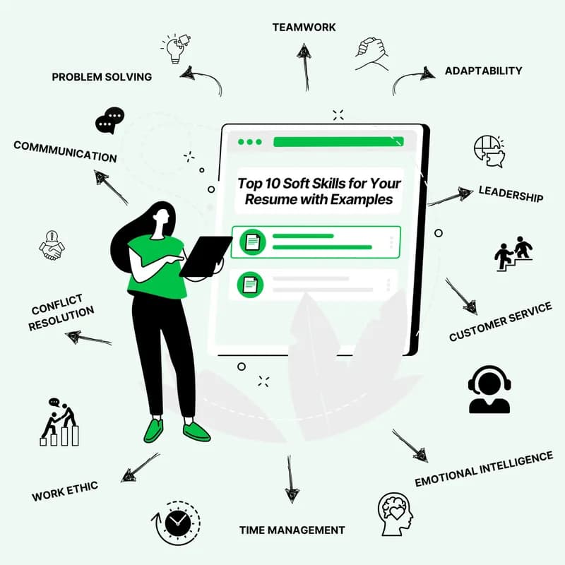 A person reading a document headed “Top 10 Soft Skills for Your Resume with Examples”, ringed by labelled skills including teamwork, adaptability, leadership and time management.