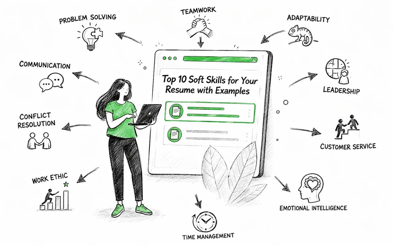 A person holding a laptop beside a window headed “Top 10 Soft Skills for Your Resume with Examples”, ringed by labelled icons for teamwork, adaptability, leadership, customer service, emotional intelligence, time management, work ethic, conflict resolution, communication and problem solving.