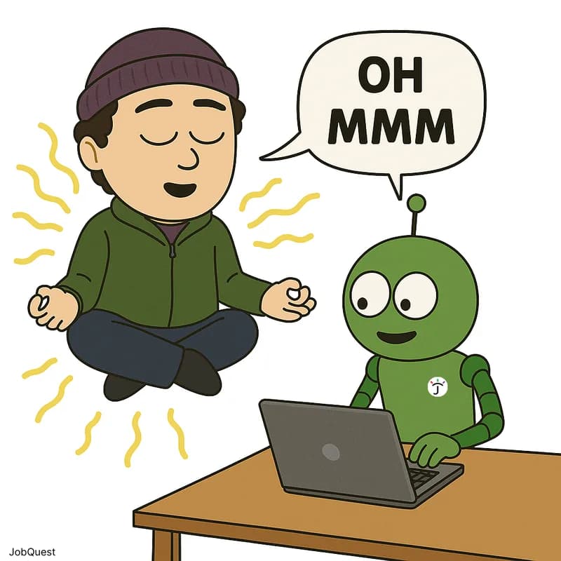 A person meditating cross-legged beside a robot typing at a laptop, with a speech bubble reading “Oh mmm”.