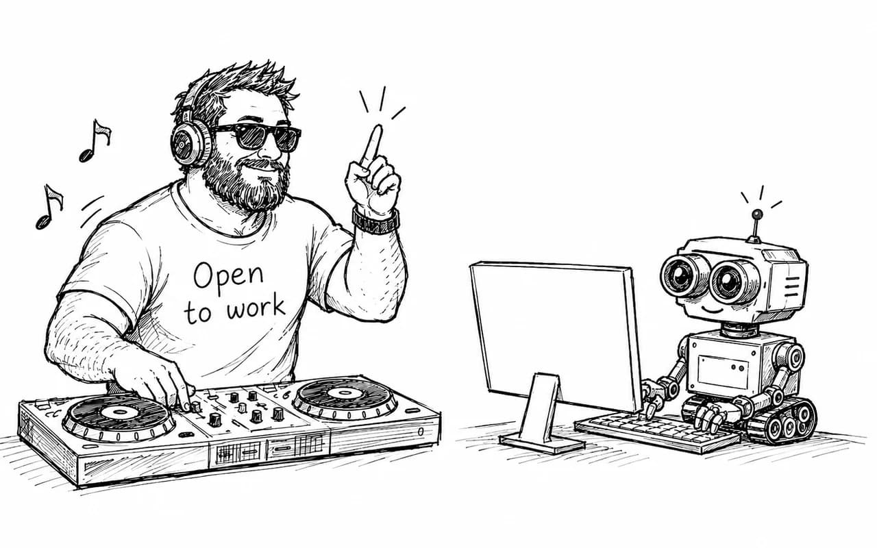 A bearded man in an “Open to work” t-shirt working a DJ deck with headphones on, while a small robot types at a computer beside him.