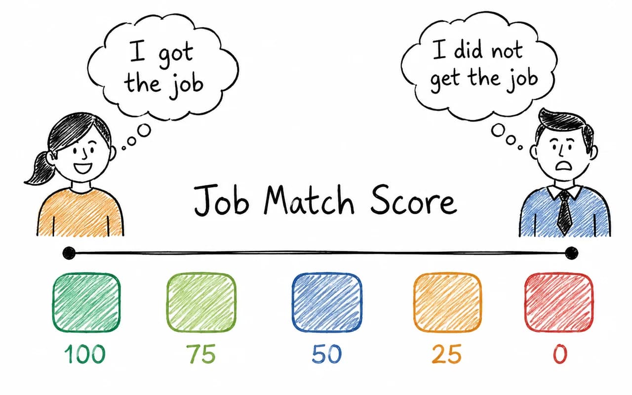 Two job seekers under thought bubbles reading “I got the job” and “I did not get the job”, either side of the words “Job Match Score” above a scale running 100, 75, 50, 25, 0.