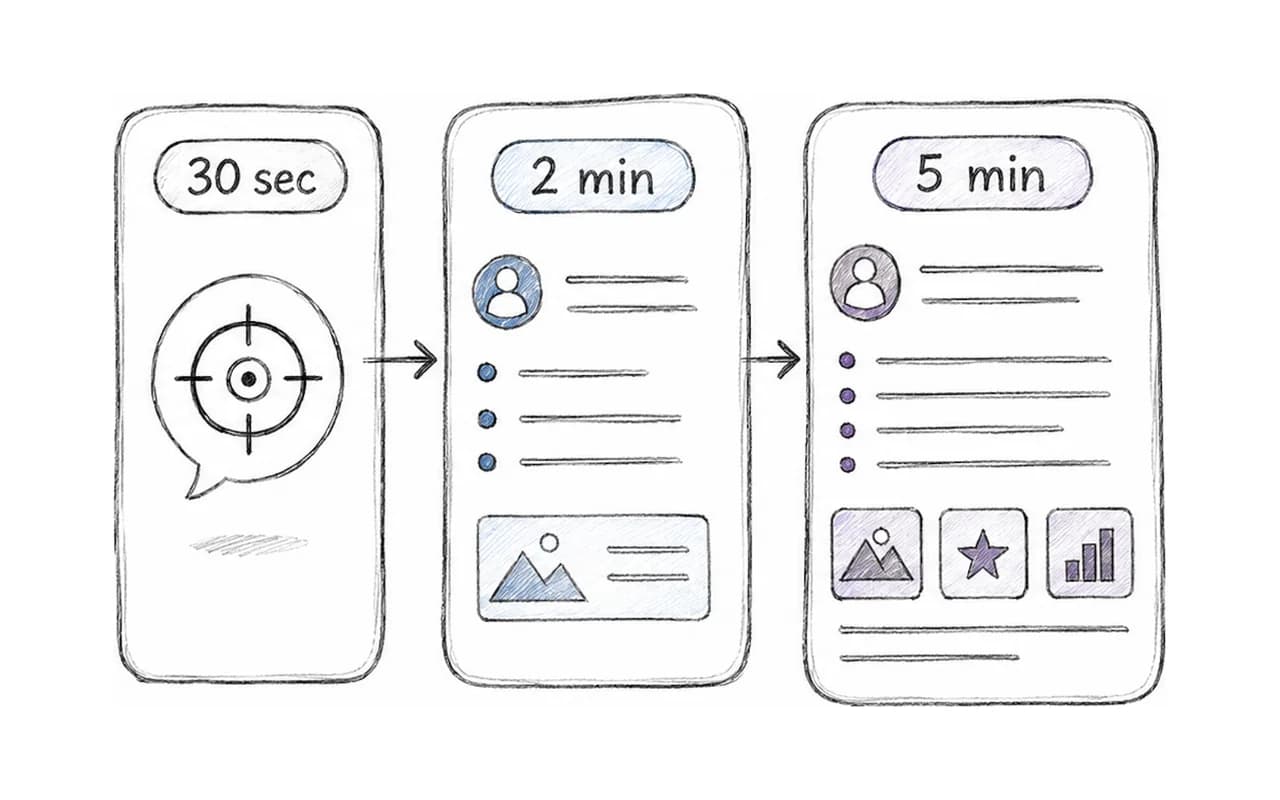 Three sketched panels labelled “30 sec”, “2 min” and “5 min”, each holding more detail than the one before it.