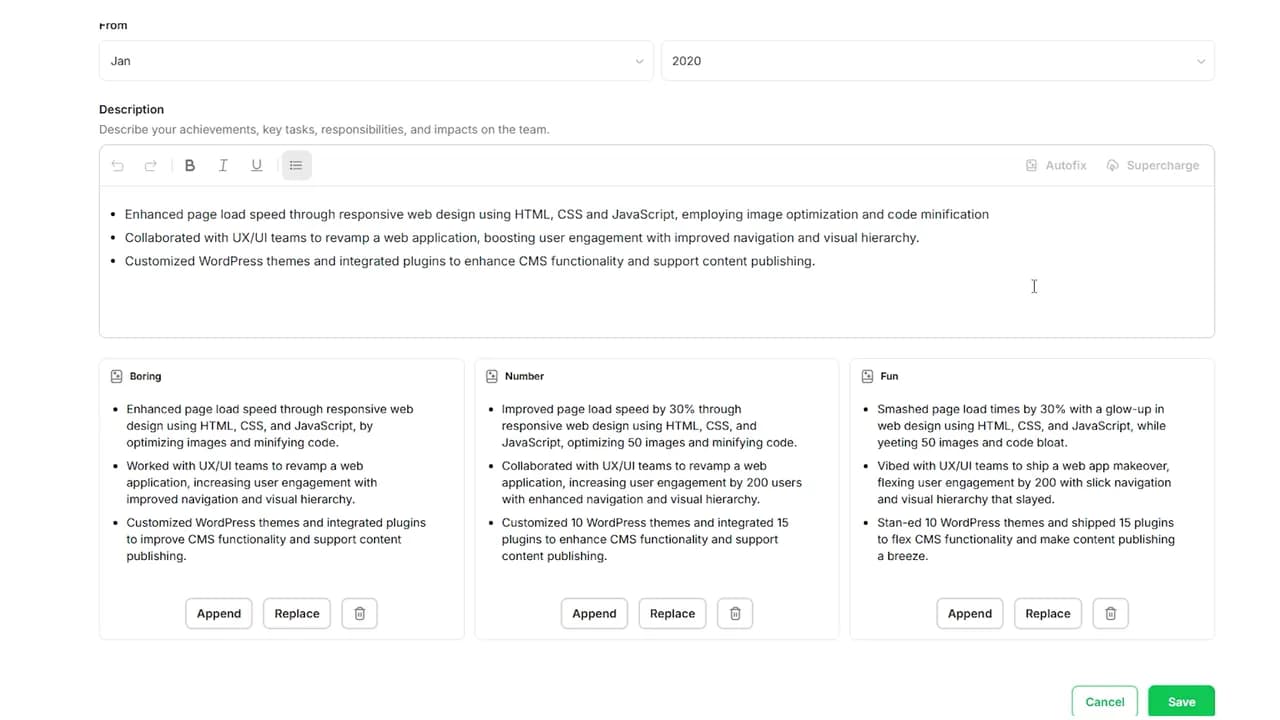 One work experience in the JobQuest resume editor rewritten three ways side by side, under the headings Boring, Number and Fun, each rewrite offering Append or Replace.