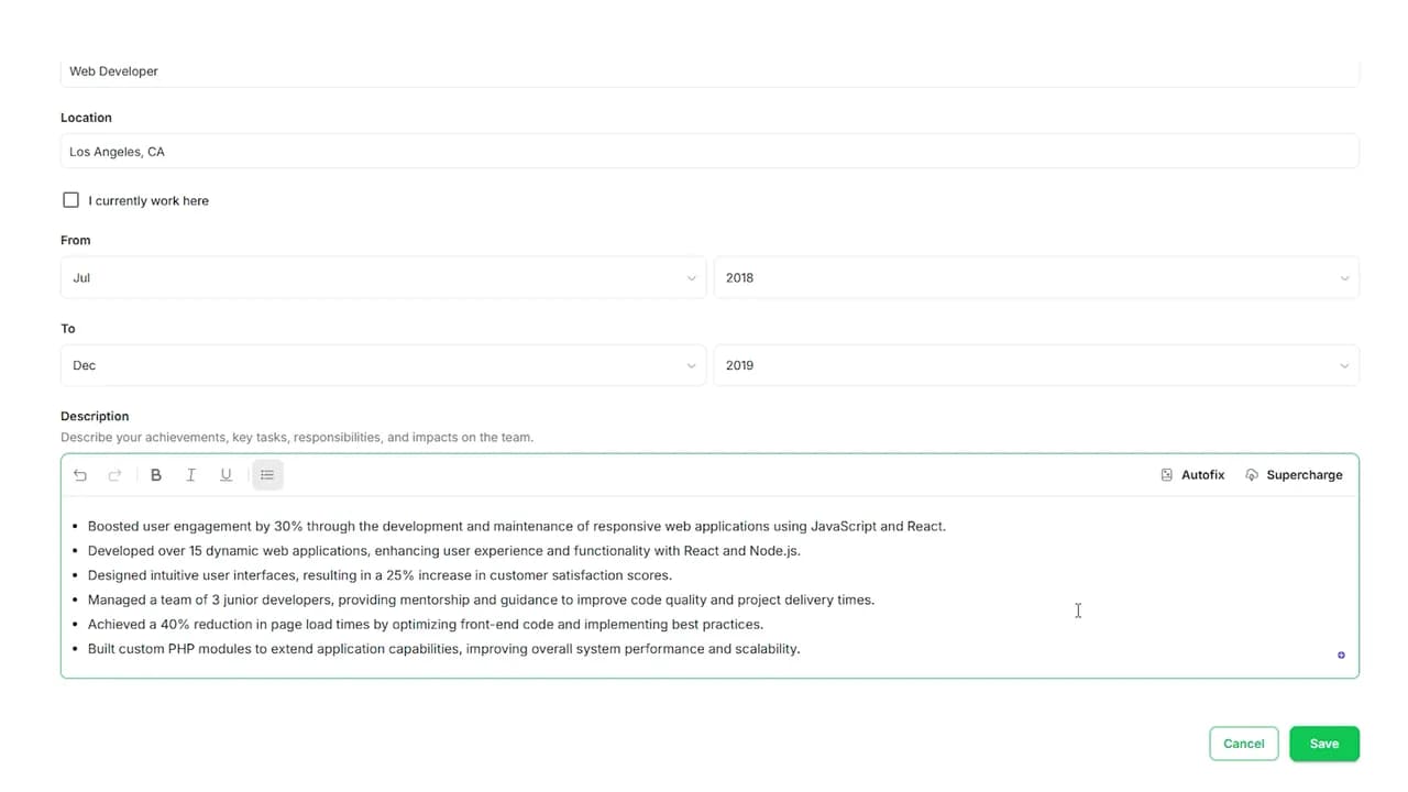 A JobQuest work experience description holding six bullet points Compose has just written, each one quantified, above Cancel and Save.