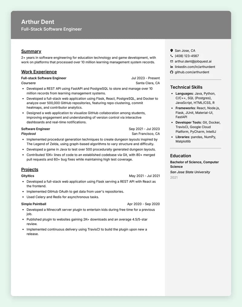 ATS resume template Modern A with a left-aligned header