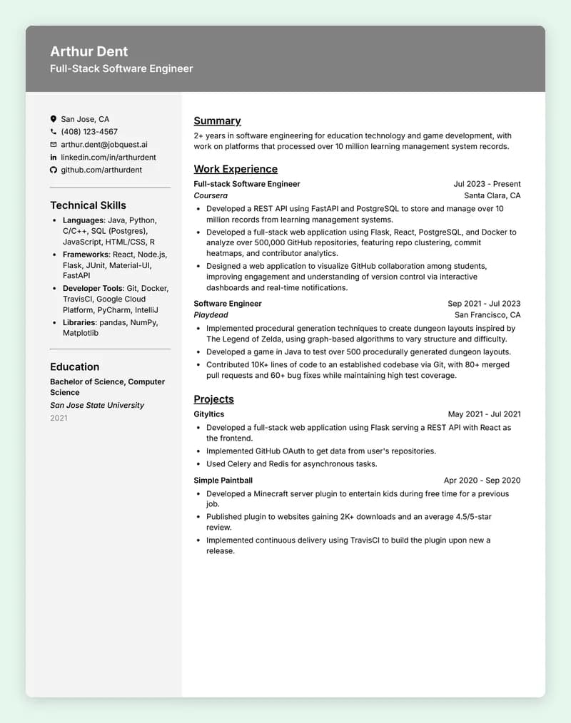 ATS resume template Modern B with a left-aligned header