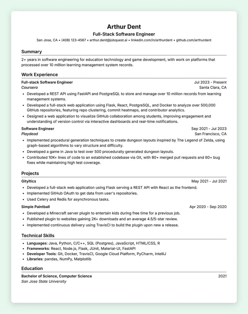 ATS resume template Standard A with a centered header
