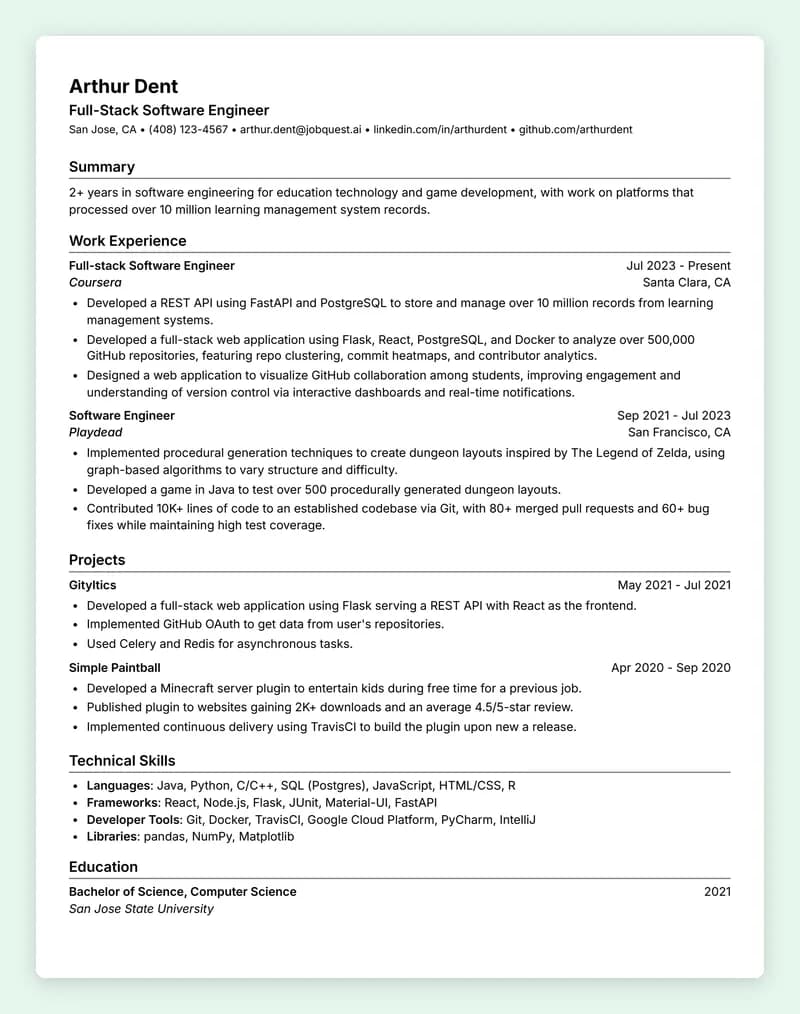 ATS resume template Standard A with a left-aligned header