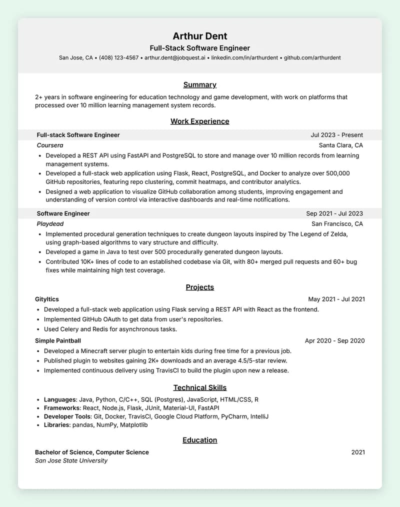 ATS resume template Standard B with a centered header