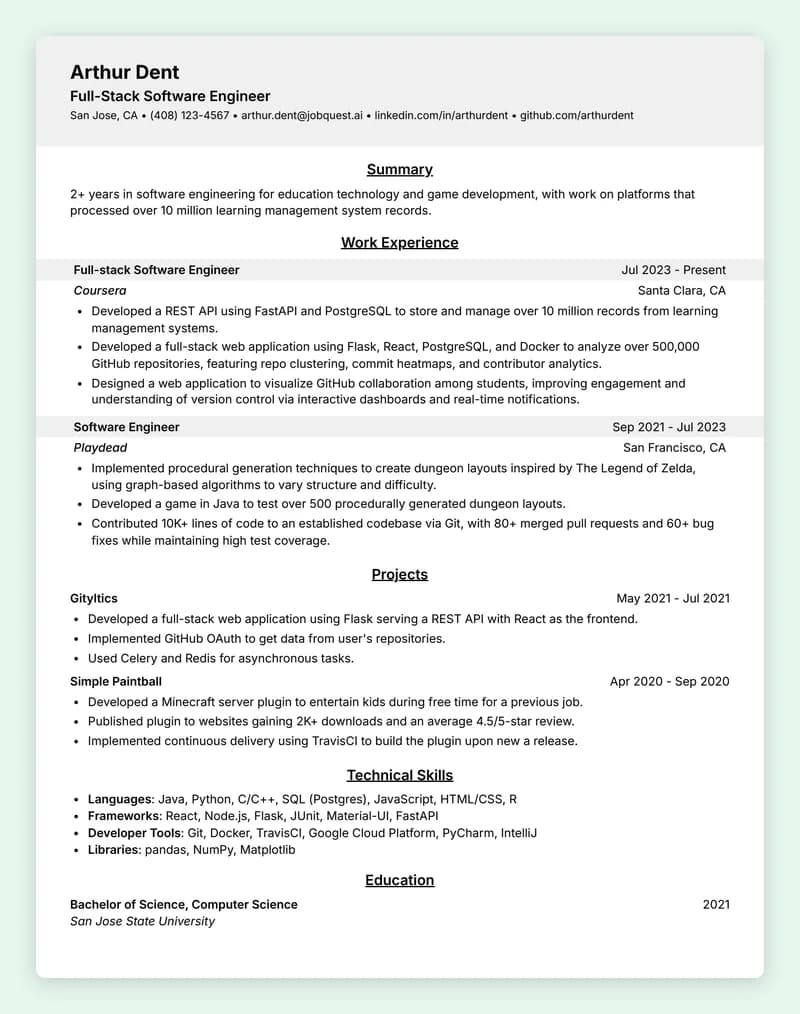 ATS resume template Standard B with a left-aligned header