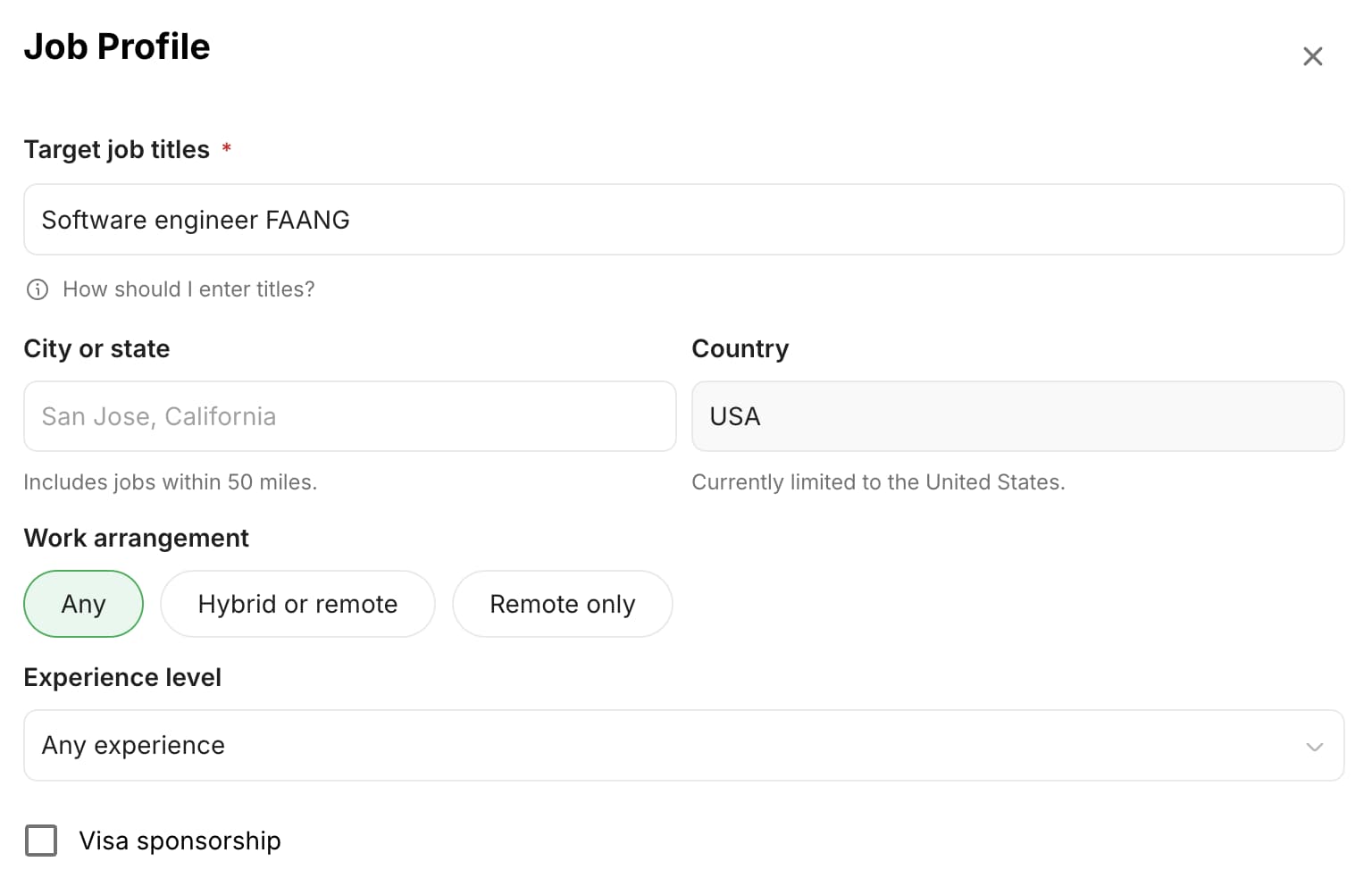 The JobQuest Job Profile settings, with a target job title of Software engineer FAANG, a city or state field, country set to USA, work arrangement set to Any, experience level set to Any experience, and a visa sponsorship tick box.