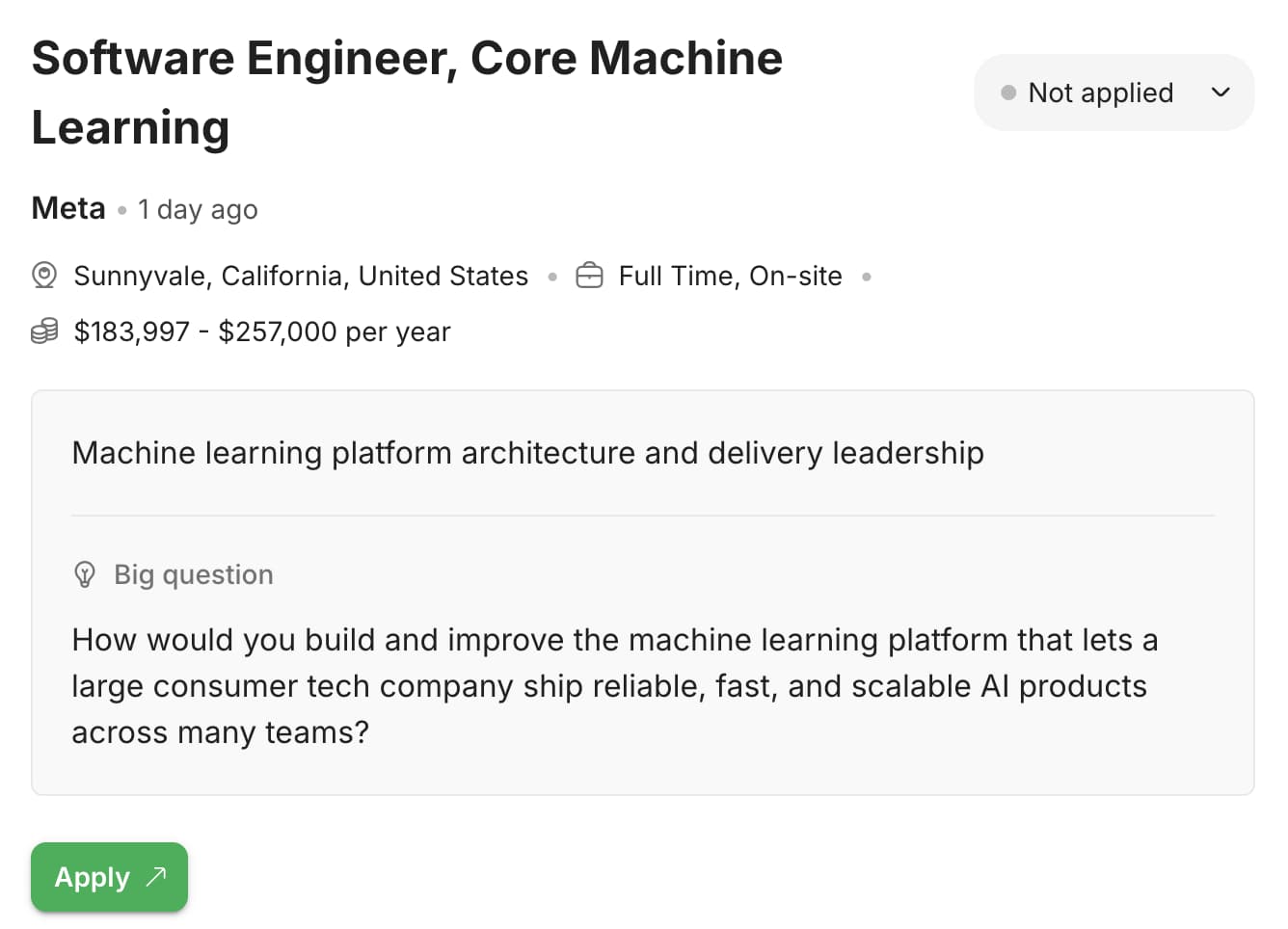 A JobQuest job listing for a Software Engineer, Core Machine Learning role at Meta in Sunnyvale, California, paying 183,997 to 257,000 dollars a year, with the role's Job X-Ray summary, its big question, and an Apply button.