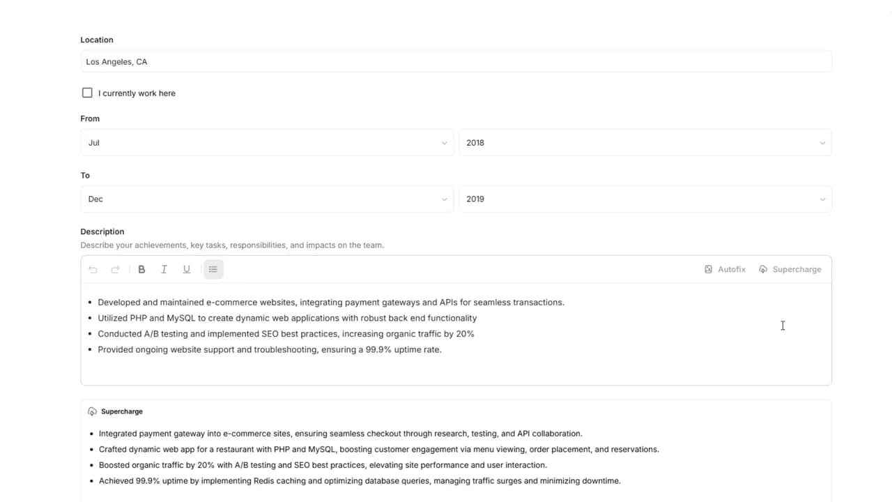 Four original work experience bullet points in the JobQuest resume editor, above a Supercharge panel holding the same four rewritten with added detail and metrics.