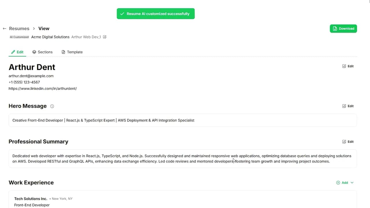 A JobQuest resume just tailored to a job, marked AI Customized and ready to download, showing the rewritten Hero Message, Professional Summary and Work Experience.