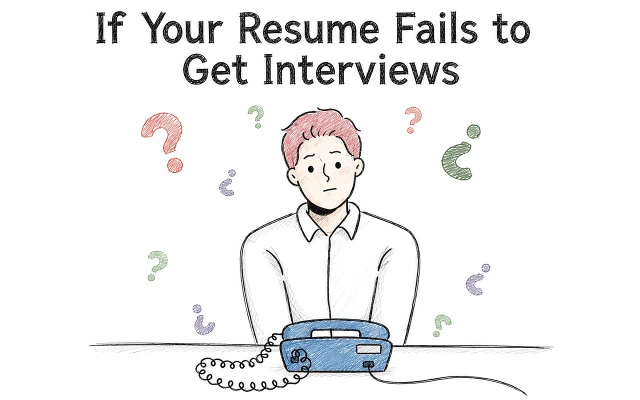 An illustration headed “If Your Resume Fails to Get Interviews” showing a worried job seeker at a desk with a silent telephone, surrounded by question marks.