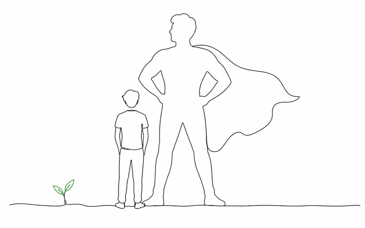 A person standing beside the outline of a caped superhero twice their height, with a small green sprout coming out of the ground next to them.