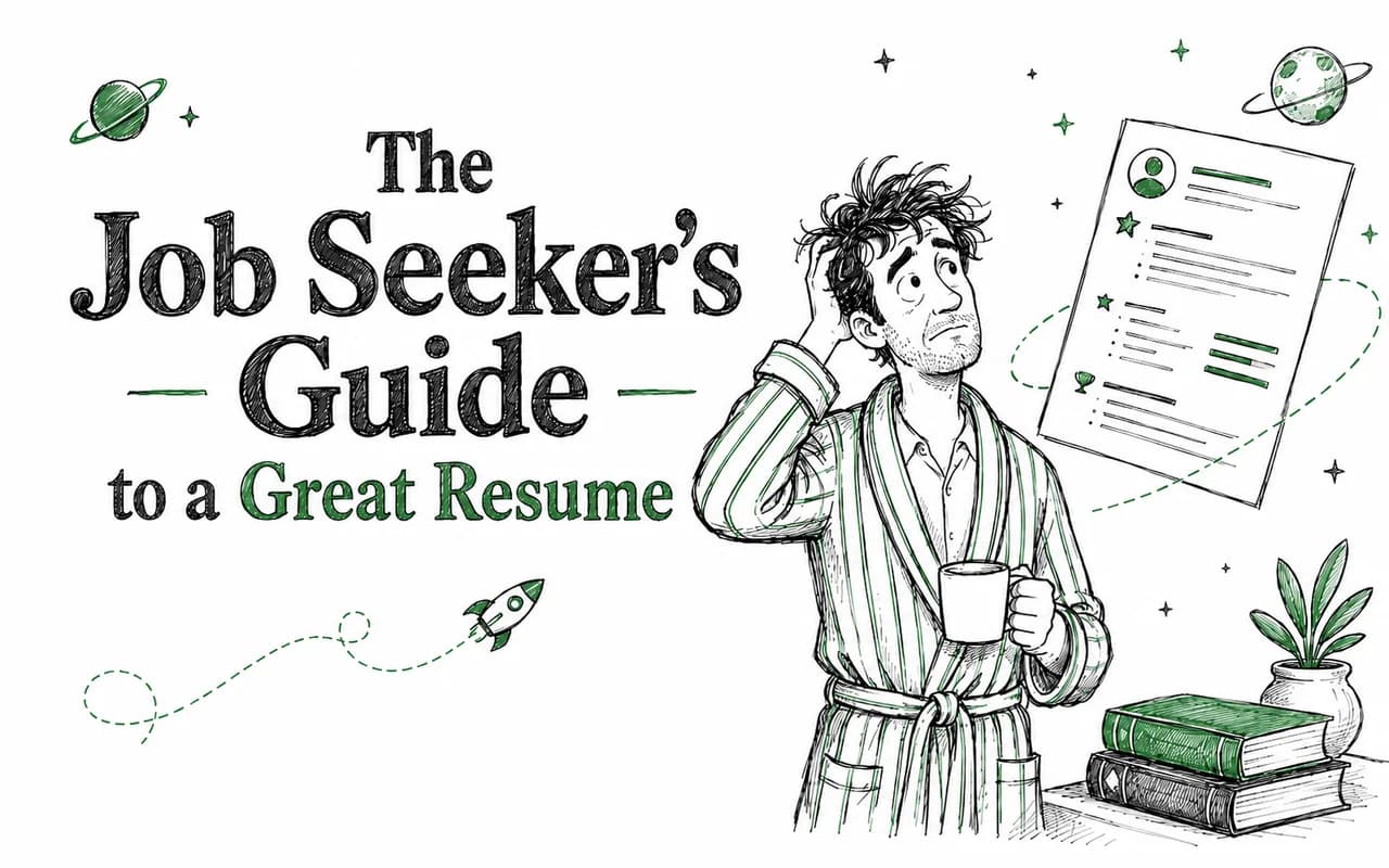 A person in a striped dressing gown holding a mug and scratching their head beside a resume floating among planets and a rocket, next to the words “The Job Seeker’s Guide to a Great Resume”.