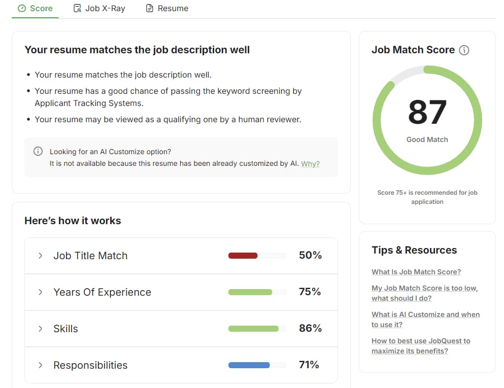 The JobQuest score report: a Job Match Score of 87 rated Good Match, with a breakdown by job title match, years of experience, skills and responsibilities.
