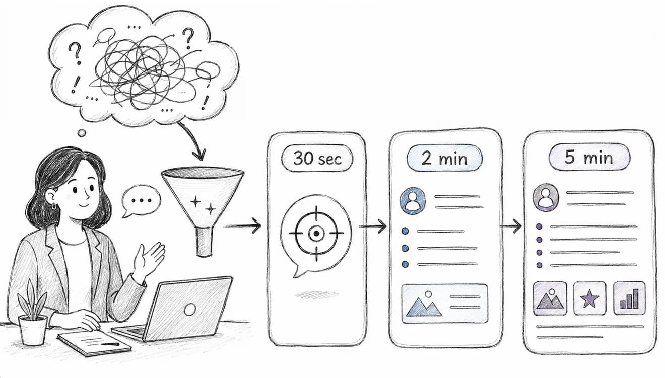 A candidate’s tangled thoughts passing through a funnel into three answers labelled “30 sec”, “2 min” and “5 min”, each carrying more detail than the last.