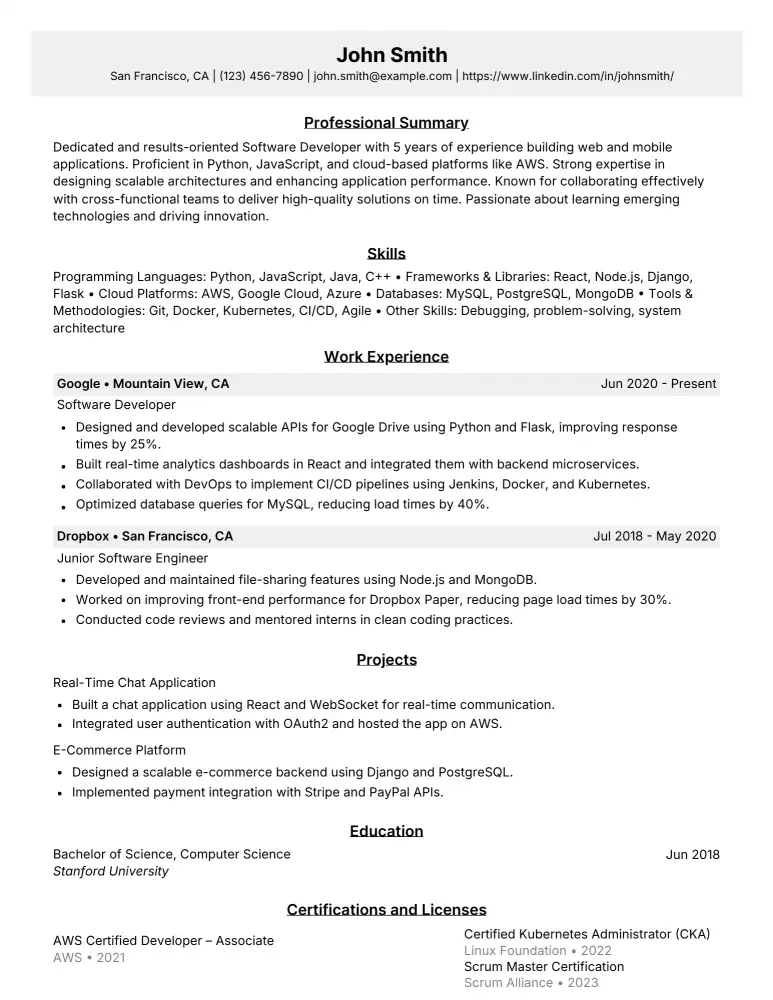 John Smith Software Developer Standard Layout B